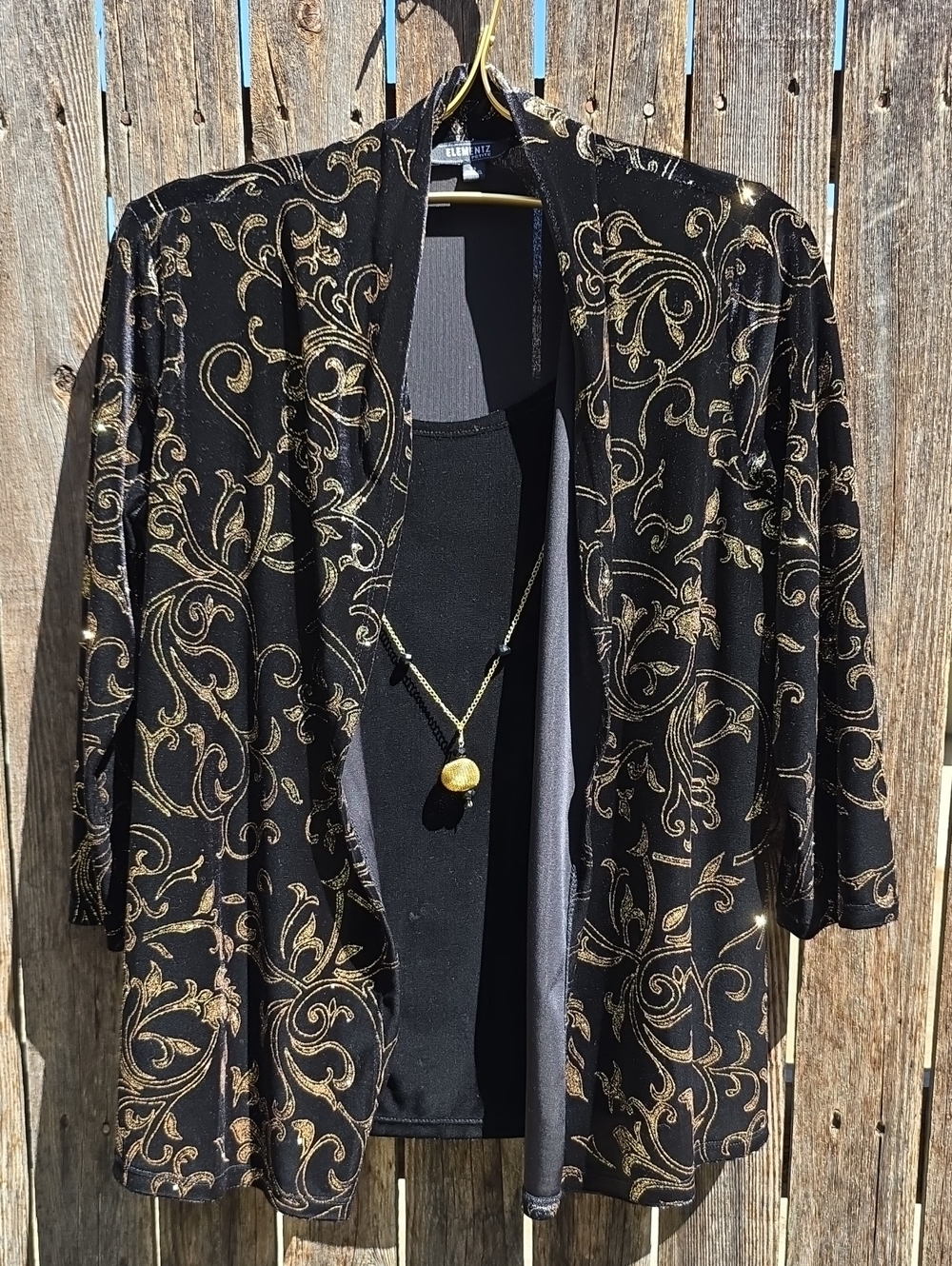 Elementz Black Top Attached Velour Cardigan with Gold Glitter Pattern & Necklace
